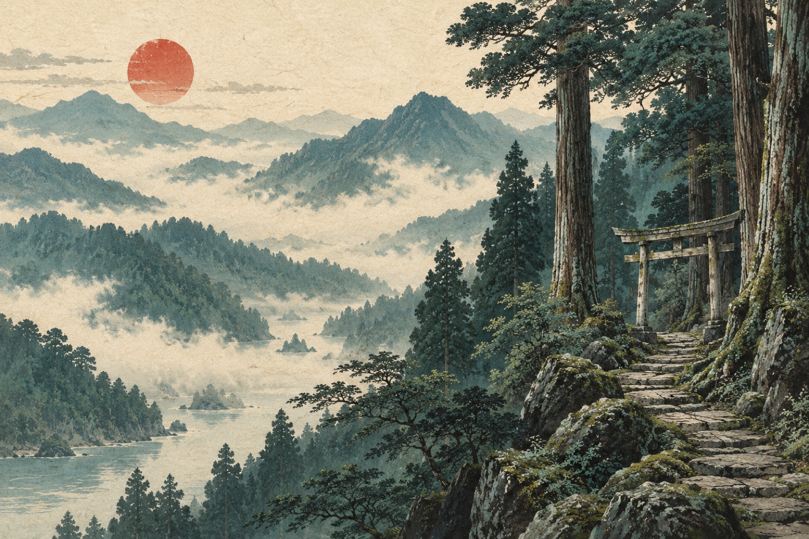 Illustrazione di un sentiero tra cedri, un torii e montagne immerse nella nebbia